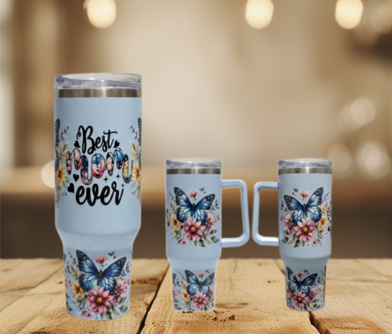 Best Mum Ever 40oz Tumbler - Blue Floral Design