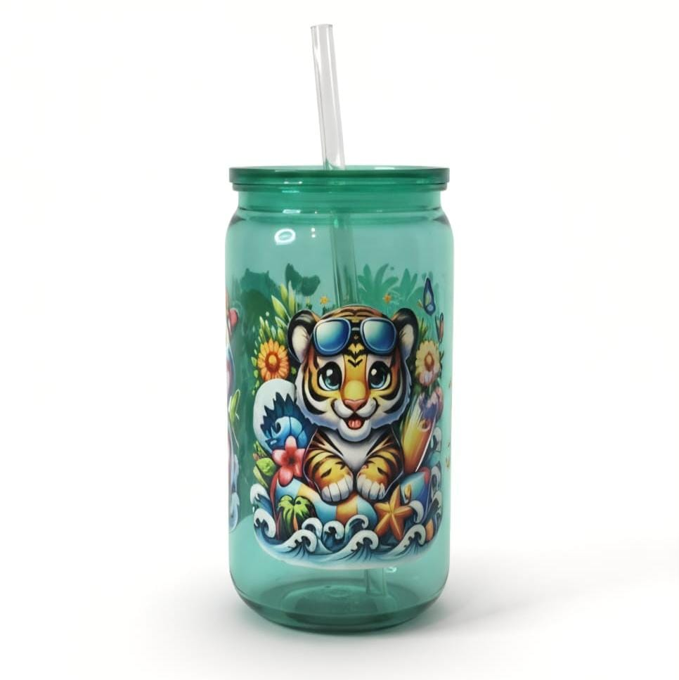 Jungle Tiger, Red Panda & Dolphin - 16oz Plastic Tumbler- UV-DTF Wrapped - Craftique Fusion Ltd