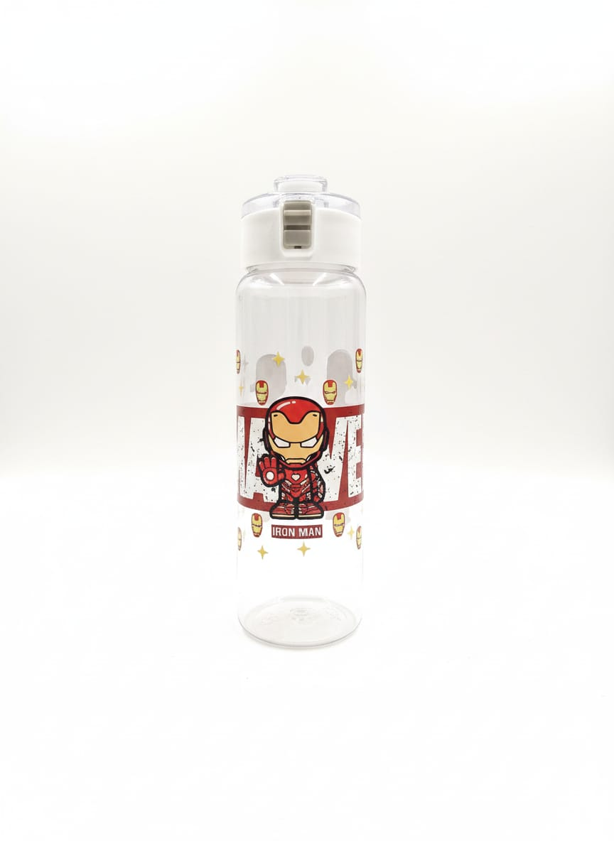 Iron Man 800ml Clear Water Bottle with Flip Straw- UV-DTF Wrapped - Craftique Fusion Ltd